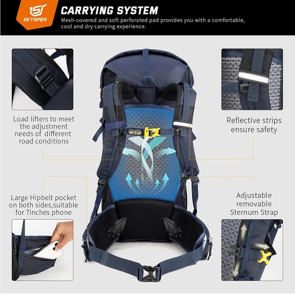 BRAND NEW SKYSPER HIKING BACKPACK BLUE LIGHT WEIGHT WATERPROOF 50L/60L UNISEX - Picture 3 of 6